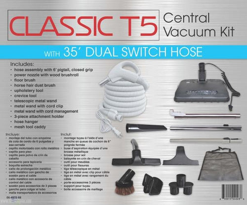 CENTRAL VAC KIT-TITAN T5,CLASSIC,35FT HOSE W/PIG. DUAL SWITCH,POVY V POWER NOZZLE & TOOLS