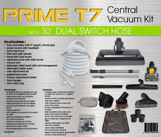 CENTRAL VAC KIT-TITAN T7,PRIME,30FT HOSE,W/PIGTAIL TITAN DELUXE POWER NOZZLE,PREMIUM TOOLS