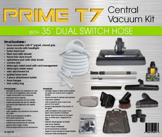 CENTRAL VAC KIT-TITAN T7,PRIME,35FT HOSE W/PIGTAIL TITAN DELUXE POWER NOZZLE,PREMIUM TOOLS